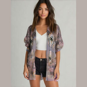 Blue Rain Kimono Duster Cardigan Womens L Pink Paisley Open Cover Up Boho Hippie